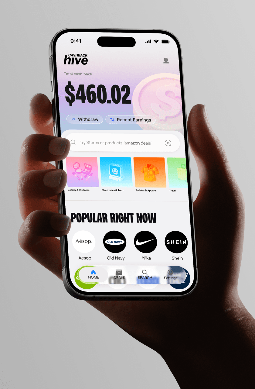 The Cashback Hive mobile experience showing a member's balance and popular stores